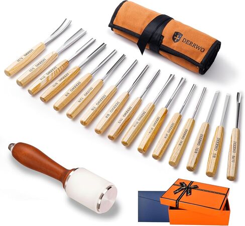 طقم نحت الخشب 17 قطعة للمبتدئين والمحترفين - مجموعة إزميل النجارة الممتازة مع مطرقة وحقيبة لفة - شفرات حلاقة حادة CR-V 60 شفرات فولاذية للتبييض والنحت والأعمال التفصيلية in Kuwait
