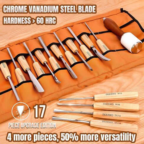 طقم نحت الخشب 17 قطعة للمبتدئين والمحترفين - مجموعة إزميل النجارة الممتازة مع مطرقة وحقيبة لفة - شفرات حلاقة حادة CR-V 60 شفرات فولاذية للتبييض والنحت والأعمال التفصيلية in Kuwait