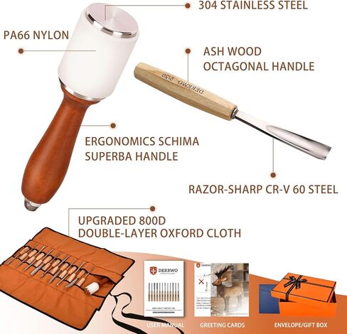 طقم نحت الخشب 17 قطعة للمبتدئين والمحترفين - مجموعة إزميل النجارة الممتازة مع مطرقة وحقيبة لفة - شفرات حلاقة حادة CR-V 60 شفرات فولاذية للتبييض والنحت والأعمال التفصيلية in Kuwait