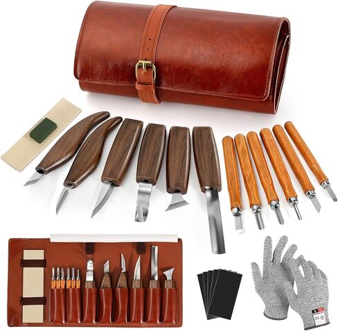 أدوات نحت الخشب، طقم نحت الخشب 17 قطعة مع حقيبة تخزين من البولي يوريثان مع 6 قطع سكاكين تبييض و5 سكاكين نحت تفصيلية للبالغين للنحت بنفسك in Kuwait