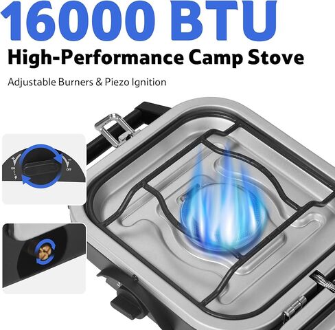 Naturehike 2 Burner Portable Camping Stove with Grill, Folding Propane Butane Gas Camp Stove with16000 BTU Adjustable Burners, Ignition System and Carrying Handle in Saudi Arabia