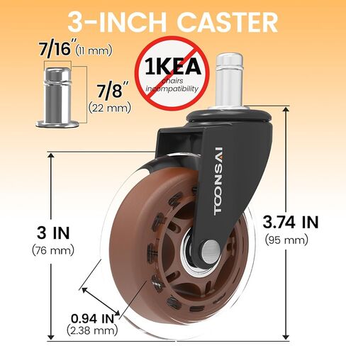 3 Inch Heavy Duty Office Chair Wheels,(Stem7/16-7/8), Replacement Rubber Caster Wheel, Set of 5,Silent, Smooth-Gliding, for Hardwood Flooring, Carpet Flooring,-Not for 1KEA Chairs in Saudi Arabia