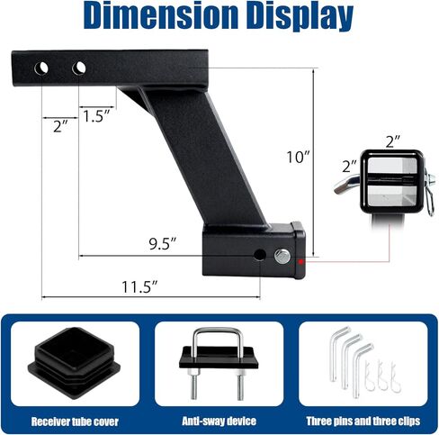 10-Inch Hitch Receiver Extension Riser, 10000lbs Trailer Hitch Adapter, Adjustable Hitch 2 Inch Receiver with Stabilizer, 9" or 11" Length Adjustable, 3-Pack Hitch Pins and Universal Trailer Cap in Saudi Arabia