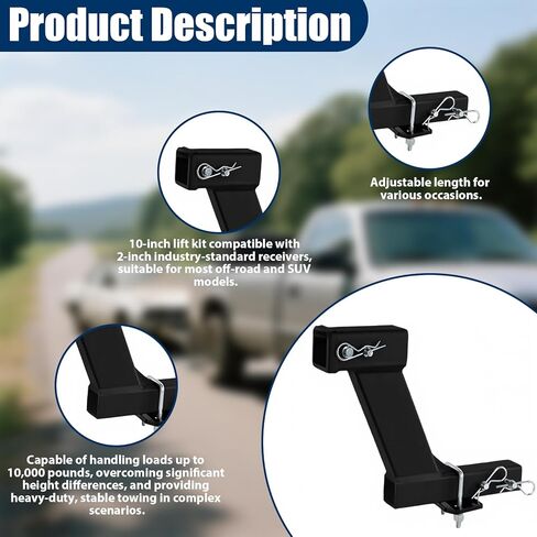 10-Inch Hitch Receiver Extension Riser, 10000lbs Trailer Hitch Adapter, Adjustable Hitch 2 Inch Receiver with Stabilizer, 9" or 11" Length Adjustable, 3-Pack Hitch Pins and Universal Trailer Cap in Saudi Arabia