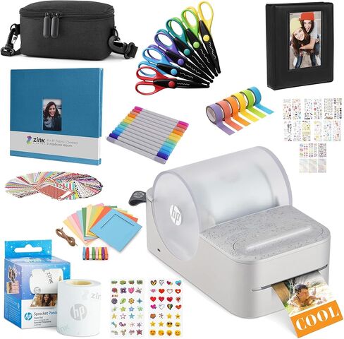 HP Sprocket Panorama Instant Portable Color Label & Photo Printer (Pink) Craft Bundle with case, Zink roll, Photo Album, Markers, Scissors, Tape, Stickers and Frames in Saudi Arabia