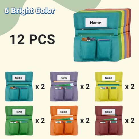 12 Pack Chair Pockets for Classrooms, 20 x 17 Inch Seat Sacks for Classroom Chairs k-2 with Name Slots and Tags, Chair Pockets for Kindergarten, School, Home, Office (6 Bright Color) in Kuwait
