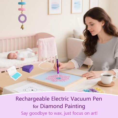 Lanzeyo قلم رسم ماسي كهربائي قابل لإعادة الشحن، قلم رسم ماسي كهربائي مع بطارية طويلة التحمل، قلم مكنسة كهربائية مع صينية تخزين الخرز لإكسسوارات فن الأحجار الكريمة الماسية (أرجواني) in Kuwait