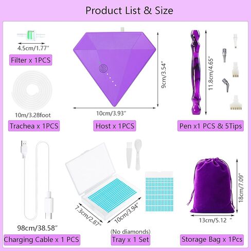 Lanzeyo قلم رسم ماسي كهربائي قابل لإعادة الشحن، قلم رسم ماسي كهربائي مع بطارية طويلة التحمل، قلم مكنسة كهربائية مع صينية تخزين الخرز لإكسسوارات فن الأحجار الكريمة الماسية (أرجواني) in Kuwait