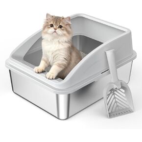 صندوق فضلات القطط المغلق من الفولاذ المقاوم للصدأ مع غطاء | صندوق فضلات كبير جدًا مقاس XL للقطط الكبيرة | صندوق فضلات معدني عالي الجوانب | مانع تسرب البول، يشمل بساط القطط ومغرفة القمامة المعدنية بالكامل in Kuwait
