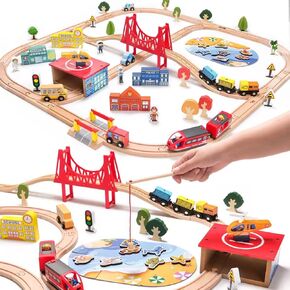 118PCS Wooden Train Set, City Scene Railway Playset with Wooden Tracks for Kids Ages 3-8, Ideal Toy Gift for Toddlers Kids Boys Girls Christmas Birthday, Compatible with Major Brands in Saudi Arabia