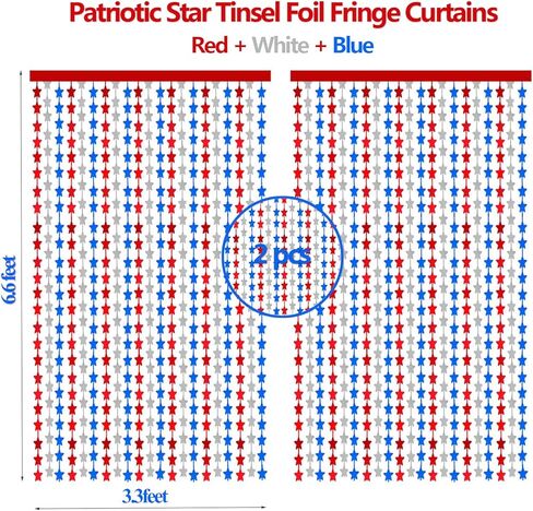 Patriotic Star Tinsel Foil Fringe Curtains, Red White Blue, Party Photo Backdrop Decorations, 2 Pack, for 4th of July, Home, Front Door (Red+White, 3.3Ft x 6.6 Ft) in Saudi Arabia