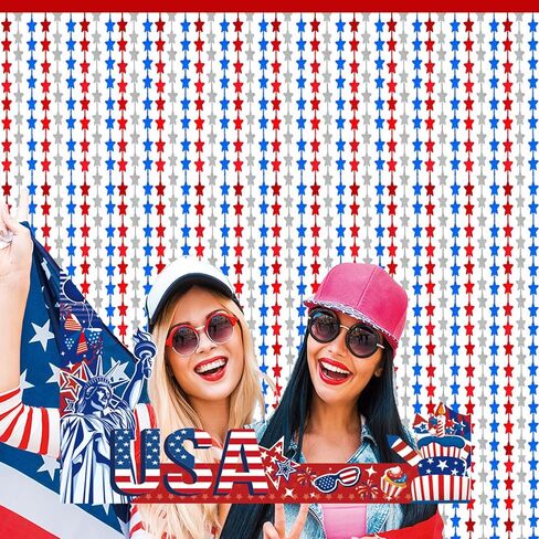 Patriotic Star Tinsel Foil Fringe Curtains, Red White Blue, Party Photo Backdrop Decorations, 2 Pack, for 4th of July, Home, Front Door (Red+White, 3.3Ft x 6.6 Ft) in Saudi Arabia
