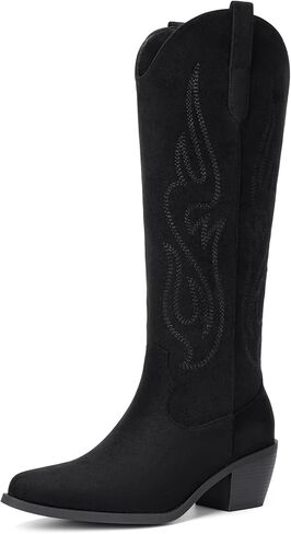 Pasuot Western Cowboy Boots for Women - Knee High Wide Calf Cowgirl Boots, Slip On Pointed Toe Chunky Heel Fashion Retro Classic Pull On Tall Boot for ladies Party concert Light Brown Suede US 8.5 in Saudi Arabia