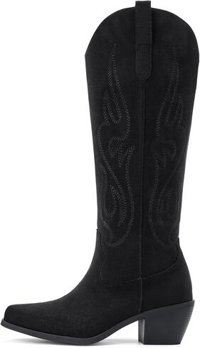 Pasuot Western Cowboy Boots for Women - Knee High Wide Calf Cowgirl Boots, Slip On Pointed Toe Chunky Heel Fashion Retro Classic Pull On Tall Boot for ladies Party concert Light Brown Suede US 8.5 in Saudi Arabia