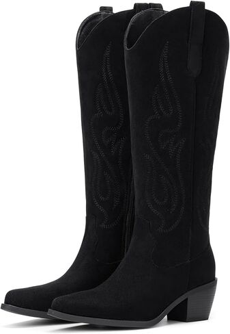 Pasuot Western Cowboy Boots for Women - Knee High Wide Calf Cowgirl Boots, Slip On Pointed Toe Chunky Heel Fashion Retro Classic Pull On Tall Boot for ladies Party concert Light Brown Suede US 8.5 in Saudi Arabia