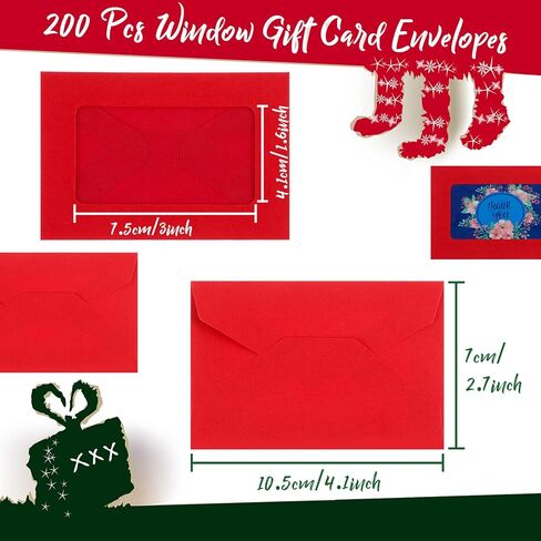 Cholemy 200 Pcs Red Gift Card Envelopes Christmas Card Envelopes with Window 4.1 x 2.8 Invitation Credit Sleeves for Money Cash Business Thanksgiving Wedding Party Greeting Supplies Decoration in Saudi Arabia