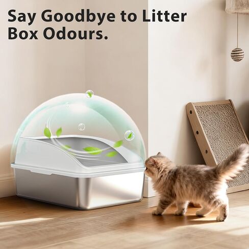 صندوق فضلات القطط المغلق من الفولاذ المقاوم للصدأ مع غطاء | صندوق فضلات كبير جدًا مقاس XL للقطط الكبيرة | صندوق فضلات معدني عالي الجوانب | مانع تسرب البول، يشمل بساط القطط ومغرفة القمامة المعدنية بالكامل in Kuwait