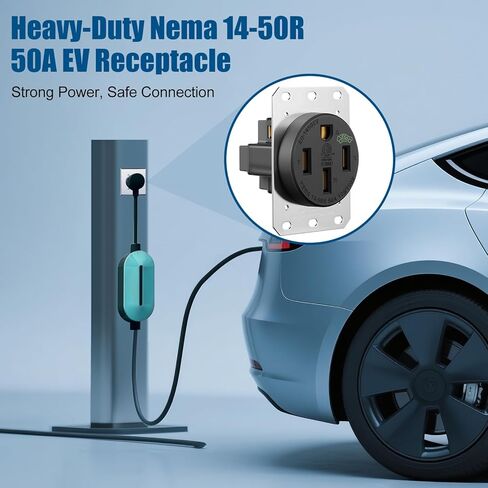 منفذ NEMA 14-50R EV، 50 أمبير 125/250 فولت، 3 أقطاب 4 أسلاك، مدرج في قائمة ETL، وعاء طاقة عالي التحمل للمركبات الكهربائية، RVs، المجففات، المواقد، المولدات، حامل فلوش، أسود (عبوة واحدة) in Kuwait