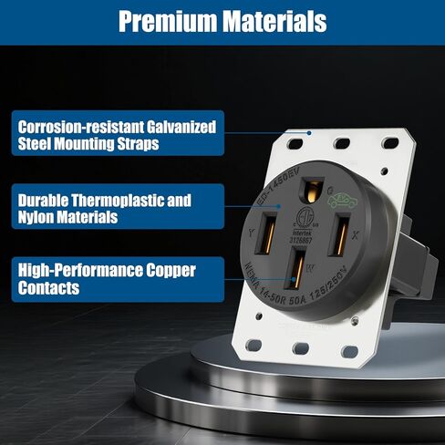 منفذ NEMA 14-50R EV، 50 أمبير 125/250 فولت، 3 أقطاب 4 أسلاك، مدرج في قائمة ETL، وعاء طاقة عالي التحمل للمركبات الكهربائية، RVs، المجففات، المواقد، المولدات، حامل فلوش، أسود (عبوة واحدة) in Kuwait