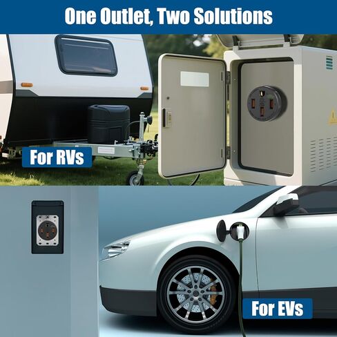 منفذ NEMA 14-50R EV، 50 أمبير 125/250 فولت، 3 أقطاب 4 أسلاك، مدرج في قائمة ETL، وعاء طاقة عالي التحمل للمركبات الكهربائية، RVs، المجففات، المواقد، المولدات، حامل فلوش، أسود (عبوة واحدة) in Kuwait
