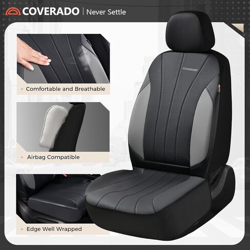مجموعة أغطية مقاعد السيارة Coverado كاملة، أغطية مقاعد أمامية وخلفية للسيارات، أغطية مقاعد جلدية للسيارة مجموعة كاملة 5 مقاعد، متوافقة مع الوسادة الهوائية، تصميم مقاوم للانسكاب، أغطية مقاعد سوداء لشاحنة SUV سيدان in Kuwait