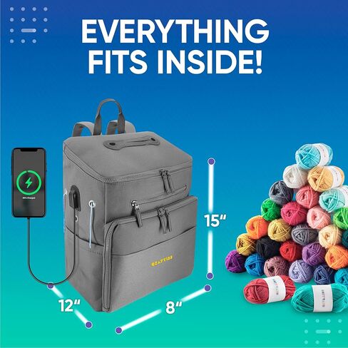 CRAFTISS Crochet Bag Yarn Storage - Christmas Gift - Durable Canvas Yarn Bag for Crochet Accessories – Backpack Organizer with Knitting Accessories Pockets and USB Cable (Violet) in Saudi Arabia
