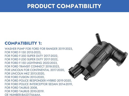 مضخة غسيل الزجاج الأمامي مع حلقة معدنية - قطعة بديلة BA5317664AA - متوافقة مع Ford Ranger وLincoln Continental وMKZ - مضخة سائل غسيل متينة (عبوة من قطعة واحدة) in Kuwait