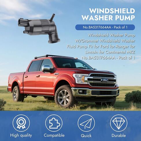 مضخة غسيل الزجاج الأمامي مع حلقة معدنية - قطعة بديلة BA5317664AA - متوافقة مع Ford Ranger وLincoln Continental وMKZ - مضخة سائل غسيل متينة (عبوة من قطعة واحدة) in Kuwait