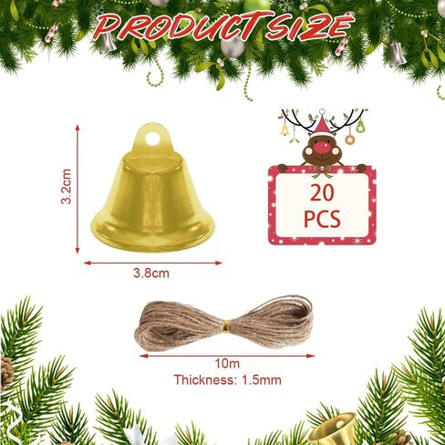 WKITK 20Pcs Jingle Bells for Crafting, Small Bells with Jute Twine, Mini Christmas Bell for Christmas Tree Decorations in Kuwait
