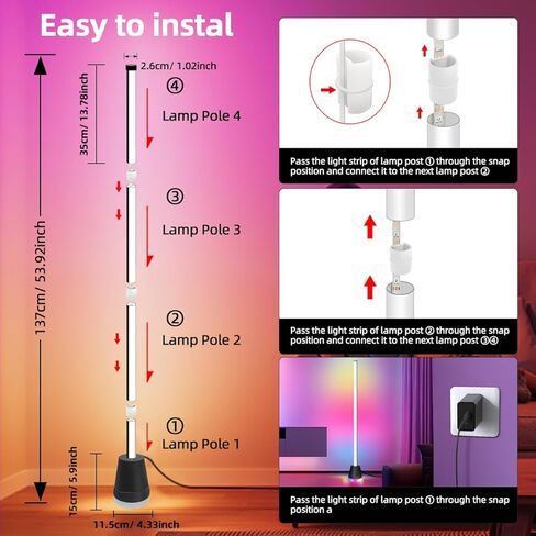 مصباح أرضي زاوية LED مع التحكم في التطبيق، تغيير لون RGB الذكي، مزامنة الموسيقى، جهاز التحكم عن بعد، 16 مليون لون، مصباح أرضي حديث لغرفة النوم وغرفة المعيشة in Kuwait