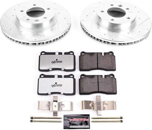 Power Stop K4656-26 وسادات فرامل أمامية Z26 من ألياف الكربون مع مجموعة دوارات فرامل محفورة ومشقوقة وسلكين مستشعر أمامي لسيارة Volkswagen Touareg 2006-2010 [نموذج محدد] in Saudi Arabia
