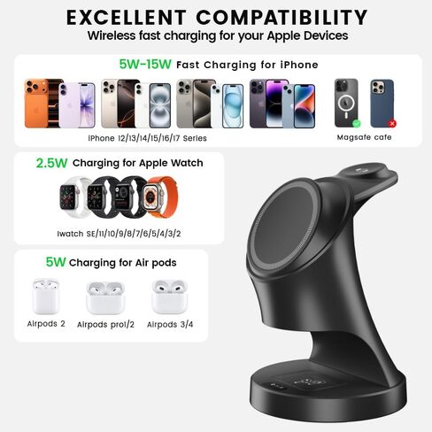 3 in 1 Wireless Charging Station for Apple Devices,Magsafe Charger for IPhone17 16 15 14 13 12 Pro/Max/Plus/Mini Wireless Charger Station for AirPods 2/3/4/Pro iWatch Ultra11/10/9//8/7/SE/6/5/4/3/2 in Saudi Arabia