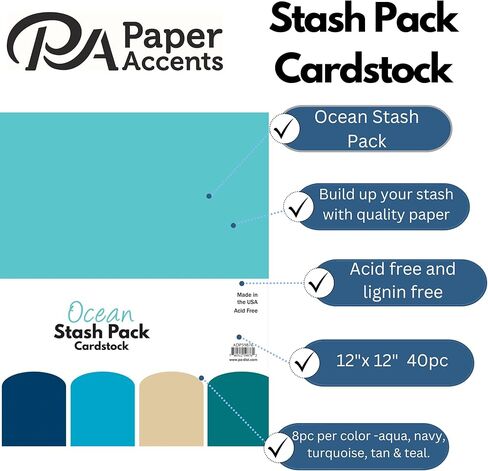 PA Paper Accents Stash Pack Cardstock Pack 12" x 12" Ocean colored cardstock paper for card making, scrapbooking, printing, quilling and crafts, 65lb., 40 pieces in Saudi Arabia