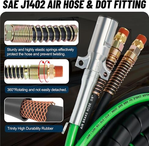 Semi Truck Air Lines Kit 15 FT 3 in 1 ABS Electric Power Line Air Hoses with 16" Double and Single Tender Spring Kit,Gladhands,Handles,Glad Hand Seals for Semi Truck Trailer Tractor in Kuwait