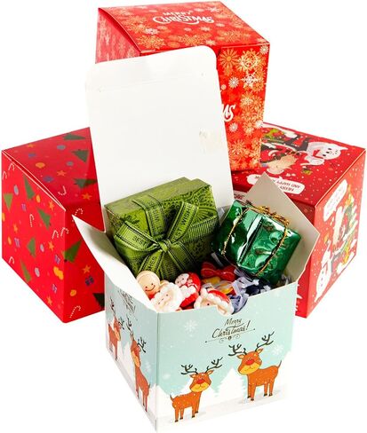 frantis 20 حزمة صناديق هدايا عيد الميلاد 5x5x5 بوصة، 4 تصاميم ريفية احتفالية تكويم صناديق هدايا الحفلات مع أغطية لملفات تعريف الارتباط، يعامل، ديكورات عطلة (مربع-5) in Kuwait