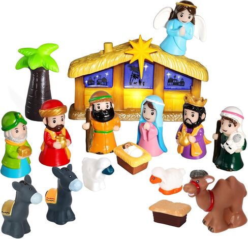 25 Pcs Nativity Set for Kids with Light, Christmas Nativity Toys Kids Nativity Play Set Include Baby Jesus, Mary, Joseph, Manger, Small Nativitys Scene for Toddlers Children Christian Religious Gifts in Kuwait