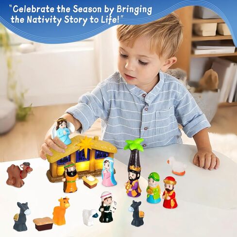 25 Pcs Nativity Set for Kids with Light, Christmas Nativity Toys Kids Nativity Play Set Include Baby Jesus, Mary, Joseph, Manger, Small Nativitys Scene for Toddlers Children Christian Religious Gifts in Kuwait