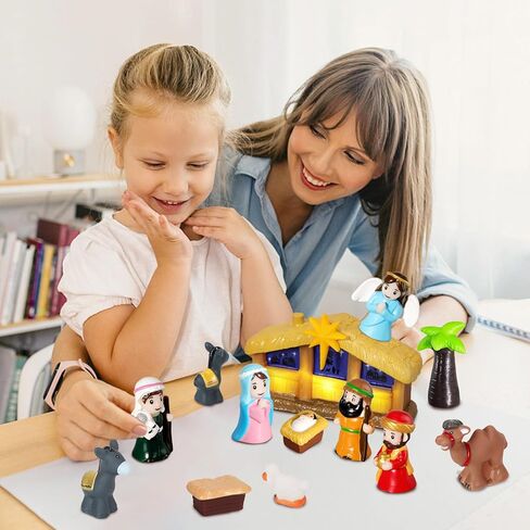 25 Pcs Nativity Set for Kids with Light, Christmas Nativity Toys Kids Nativity Play Set Include Baby Jesus, Mary, Joseph, Manger, Small Nativitys Scene for Toddlers Children Christian Religious Gifts in Kuwait