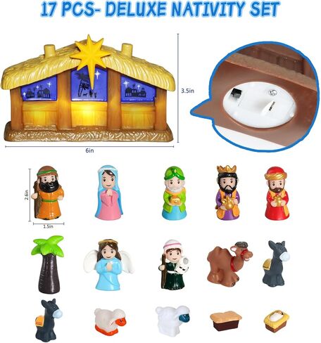 25 Pcs Nativity Set for Kids with Light, Christmas Nativity Toys Kids Nativity Play Set Include Baby Jesus, Mary, Joseph, Manger, Small Nativitys Scene for Toddlers Children Christian Religious Gifts in Kuwait