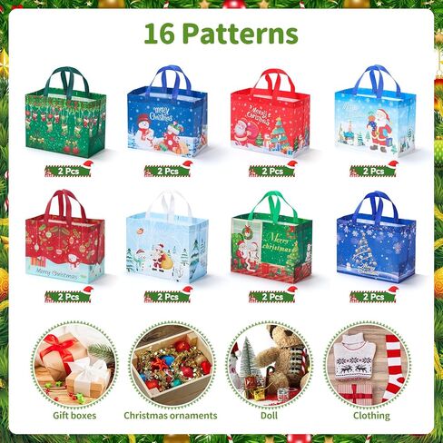 COTOPHER 16 Pack Christmas Gift Bags with Handles, Large Reusable Christmas Bags, Non-Woven Shopping Bag for Xmas Gifts Wrapping Holiday Party Supplies, 12.8"×9.8"×6.7" in Saudi Arabia
