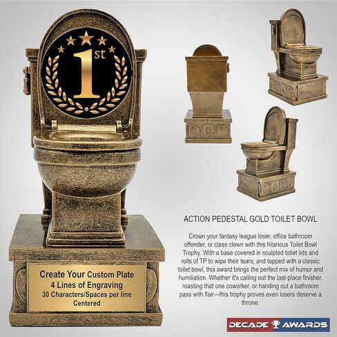 Decade Awards Gold Toilet Bowl Action Pedestal Trophy - 7 Inch Tall - 1st 2nd 3rd, Bowling, Chili Cook Off, Cornhole, Disc Golf, Golf, Last Place, March Madness, FFL, Poker - Plate On Request in Kuwait