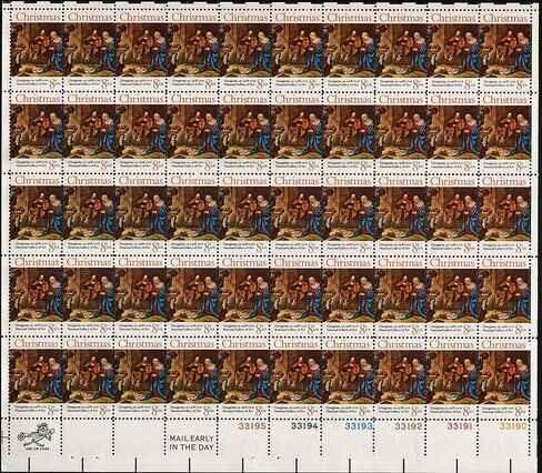 Christmas Nativity "Adoration of the Shepherds" by Giorgione (Scott #1444) Complete Sheet of 50 x 8¢ US Postage Stamps in Saudi Arabia