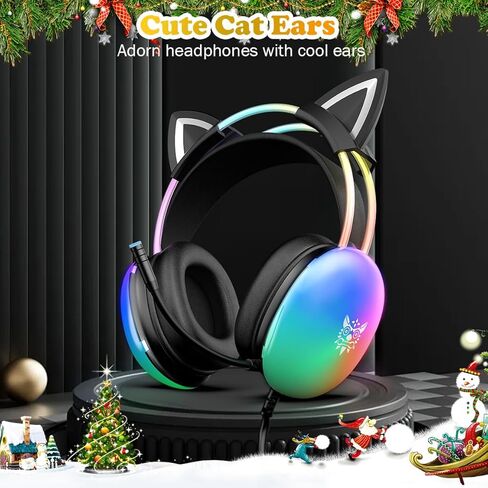 Cat Ear Gaming Headset with Microphone, RGB Rainbow Lighting, Surround Sound, 3.5mm Wired Over-Ear Headphones for PC/PS4/PS5/Switch/Laptop, Lightweight and Adjustable Headband in Kuwait