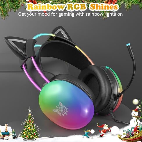 Cat Ear Gaming Headset with Microphone, RGB Rainbow Lighting, Surround Sound, 3.5mm Wired Over-Ear Headphones for PC/PS4/PS5/Switch/Laptop, Lightweight and Adjustable Headband in Kuwait