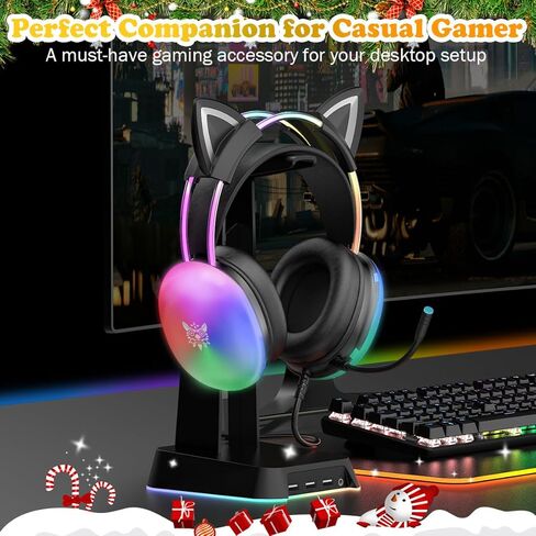 Cat Ear Gaming Headset with Microphone, RGB Rainbow Lighting, Surround Sound, 3.5mm Wired Over-Ear Headphones for PC/PS4/PS5/Switch/Laptop, Lightweight and Adjustable Headband in Kuwait