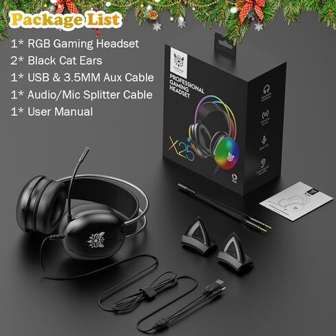 Cat Ear Gaming Headset with Microphone, RGB Rainbow Lighting, Surround Sound, 3.5mm Wired Over-Ear Headphones for PC/PS4/PS5/Switch/Laptop, Lightweight and Adjustable Headband in Kuwait