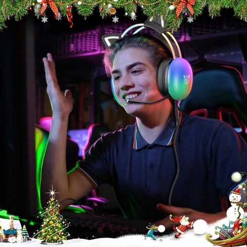 Cat Ear Gaming Headset with Microphone, RGB Rainbow Lighting, Surround Sound, 3.5mm Wired Over-Ear Headphones for PC/PS4/PS5/Switch/Laptop, Lightweight and Adjustable Headband in Kuwait