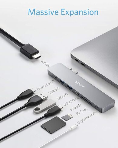 موزع Anker USB C لأجهزة MacBook، محول USB C إلى C 7 في 2، متوافق مع منفذ Thunderbolt 3، توصيل طاقة 100 واط، 4K HDMI، USB C و2 منافذ بيانات USB A، قارئ بطاقات SD وmicroSD in Saudi Arabia