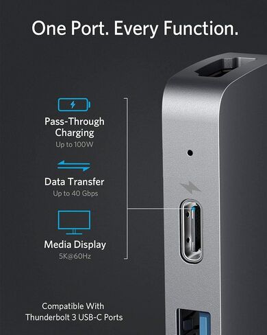 موزع Anker USB C لأجهزة MacBook، محول USB C إلى C 7 في 2، متوافق مع منفذ Thunderbolt 3، توصيل طاقة 100 واط، 4K HDMI، USB C و2 منافذ بيانات USB A، قارئ بطاقات SD وmicroSD in Saudi Arabia