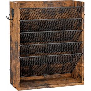 Hanging Wall File Organizer, 6-Tier Mesh Mail Organizer Wall Mount Holder with 2 Hooks, Wooden Magazine Storage Crate with Bottom Flat Tray, Desk Organizer, for Office, Home, Rustic Brown in Saudi Arabia